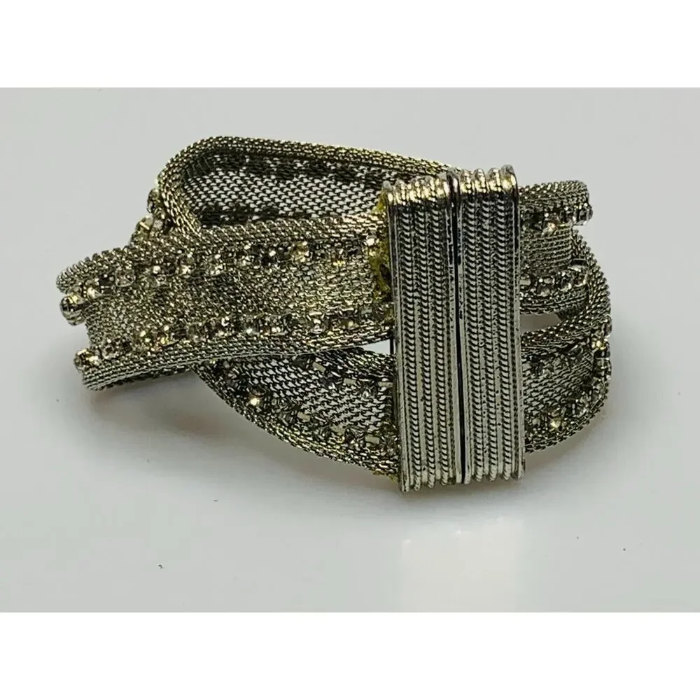 Silver Metal Mesh Bracelet with Rhinestones, Magnetic Clasp
